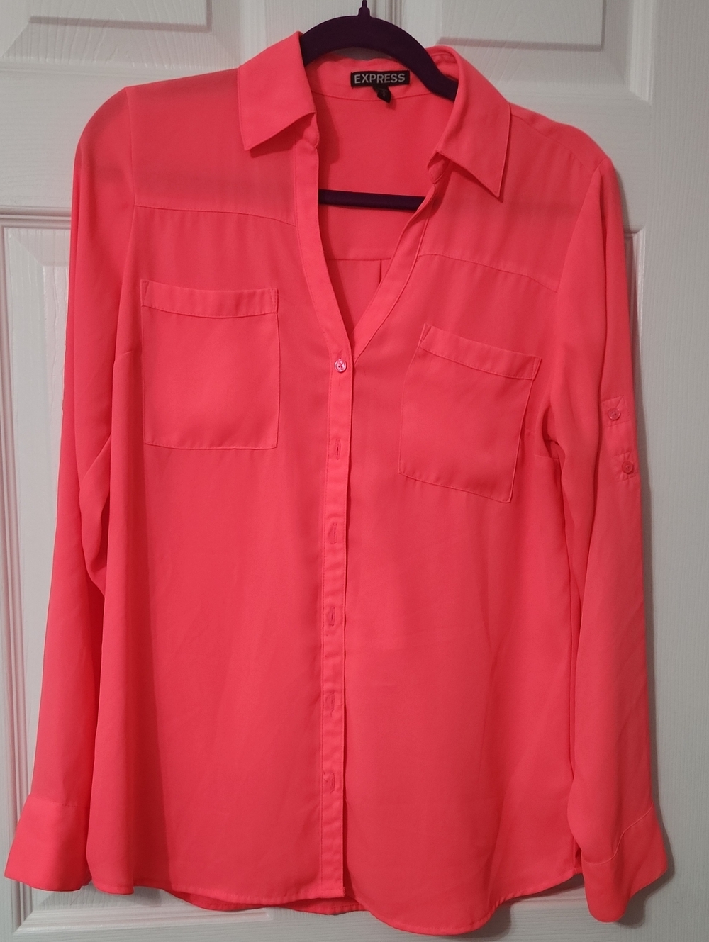 Express Coral Button-Down Blouse in Bright Coral Pink